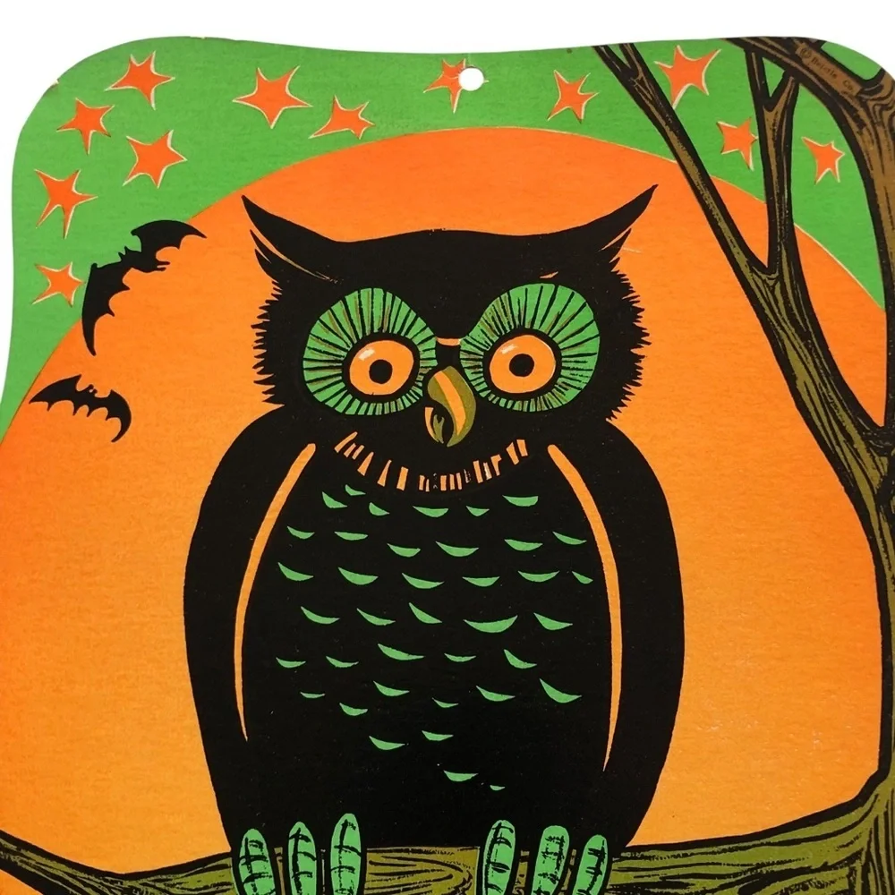 VINTAGE 70s Beistle Halloween Fluorescent Owl with Moon Die Cut Wall Decor Bats